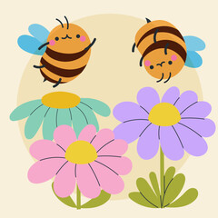 Cute kawaii bee and flowers in cartoon, flat, doodle, simple style. Design element for posters, postcards, greeting cards, wallpapers, children's clothes, fabrics, t-shirts, logos