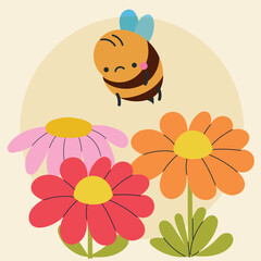 Cute kawaii bee and flowers in cartoon, flat, doodle, simple style. Design element for posters, postcards, greeting cards, wallpapers, children's clothes, fabrics, t-shirts, logos