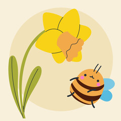 Cute kawaii bee and flowers in cartoon, flat, doodle, simple style. Design element for posters, postcards, greeting cards, wallpapers, children's clothes, fabrics, t-shirts, logos