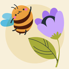 Cute kawaii bee and flowers in cartoon, flat, doodle, simple style. Design element for posters, postcards, greeting cards, wallpapers, children's clothes, fabrics, t-shirts, logos