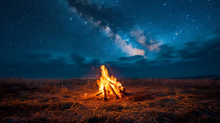 Campfire at night with a sky full of stars in background