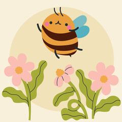 Cute kawaii bee and flowers in cartoon, flat, doodle, simple style. Design element for posters, postcards, greeting cards, wallpapers, children's clothes, fabrics, t-shirts, logos