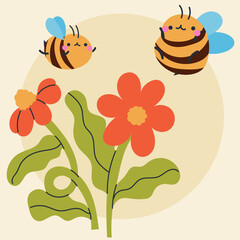 Cute kawaii bee and flowers in cartoon, flat, doodle, simple style. Design element for posters, postcards, greeting cards, wallpapers, children's clothes, fabrics, t-shirts, logos
