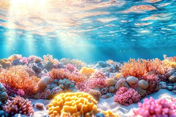 Naklejka premium Vibrant Underwater Scene with Colorful Fish and Coral Reefs