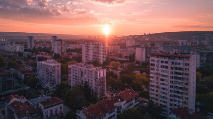 Aerial View of Cityscape at Sunset with Apartment Buildings and Residential Area. Concept of Urban Living, Housing, City, Civilization