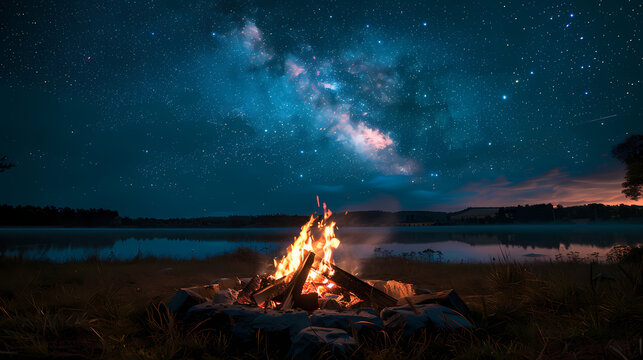 Campfire at night with a sky full of stars in background