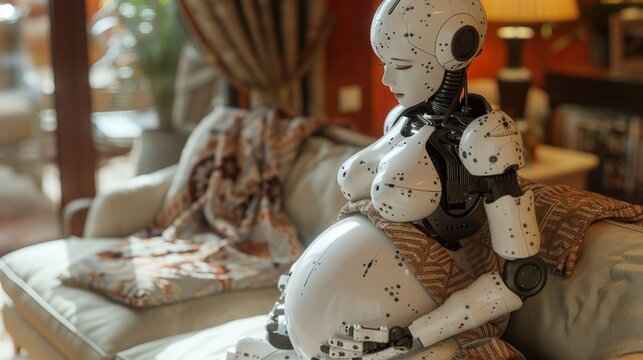 A pregnant female robot sits on a couch in a cozy living room, reflecting futuristic motherhood and advanced technology.