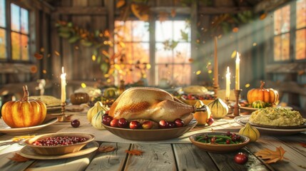 Fototapeta premium Selective focus of multiethnic family standing near turkey and thanksgiving dinner at home