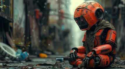 A melancholic red homeless robot sits in an abandoned urban alley surrounded by scrap and debris on a late afternoon.