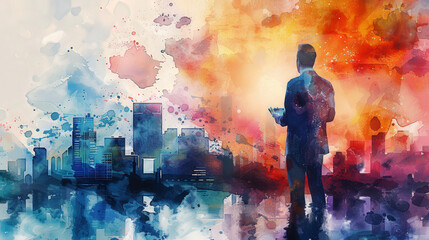 Abstract watercolor of a financial advisor presenting to clients