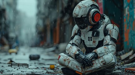 Weathered homeless robot sitting alone on a rainy, abandoned street with debris and graffiti-covered walls.