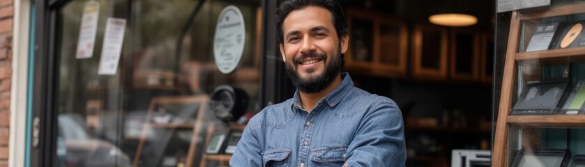 Obraz premium Smiling small business owner standing outside shop entrance, proudly welcoming customers with confidence and positivity.