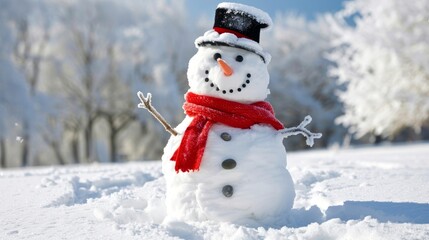 Fototapeta premium Snowman with a Red Scarf Standing in a Snowy Field on a Sunny Winter Day. Concept of Winter, Christmas, Snow, Frosty Weather, Seasonal Fun