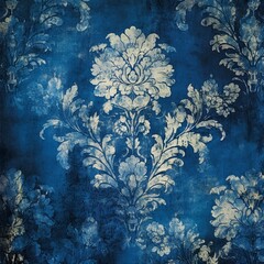 A blue and white floral wallpaper with a blue and white flower design. The wallpaper has a vintage look and is very detailed