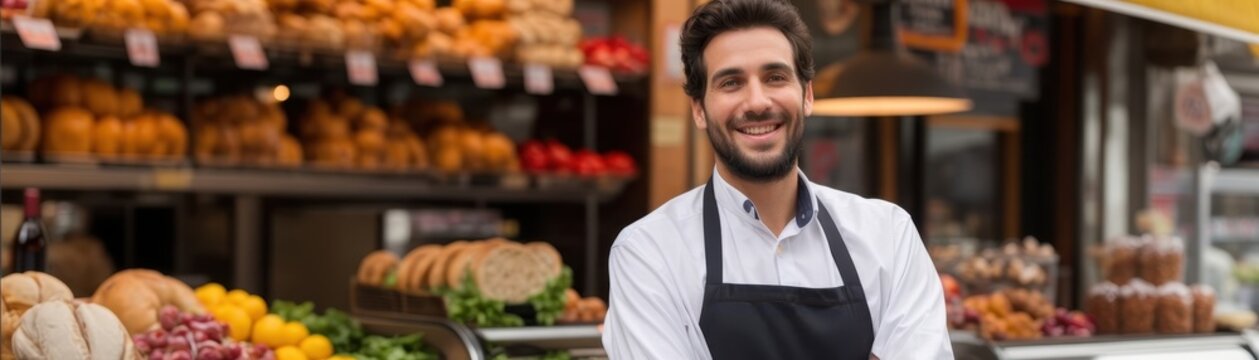 Smiling young store owner in apron standing in front of a vibrant market stall filled with an assortment of fresh produce and baked goods.