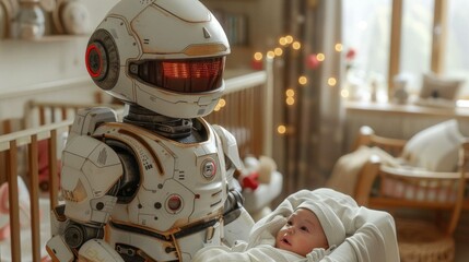 A futuristic robot nanny tenderly holding a baby in a cozy nursery room, showcasing advanced childcare technology.