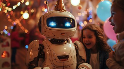 A robot animator entertains joyful children at a lively party with colorful lights and festive decorations.