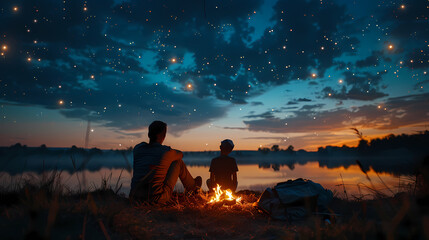 Fototapeta premium Campfire at night with a sky full of stars in background