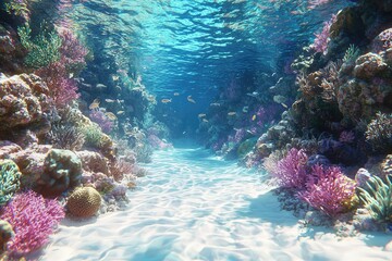 Naklejka premium Vibrant Underwater Scene with Colorful Fish and Coral Reefs