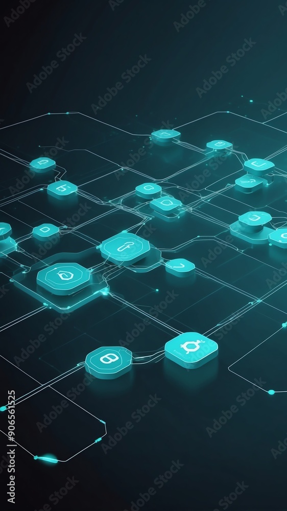 Poster teal blockchain transaction flow concept technology abstract background with copy space