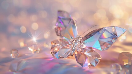 Close-Up of a Sparkling Crystal Butterfly in Soft Pastel Light. Concept of Nature, Beauty, Elegance, Light Reflection. Crystalline background. Copy space