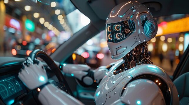 Futuristic robot driving an autonomous car at night in a high-tech city with neon lights and a cyberpunk atmosphere.