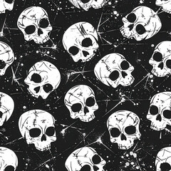 Seamless pattern of cute grunge cartoon skulls on dark background