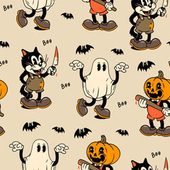 Fototapeta premium Ghost, Pumpkin head with baseball bat, Cat with knife. Halloween concept. Hand drawn modern Vector illustration. Cute creepy, scary, funny characters. Cartoon retro style. Square seamless Pattern