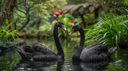 Obraz premium Beautiful black swan with white feathers swims gracefully on a calm lake