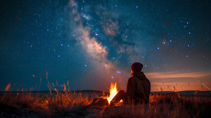 Obraz premium Campfire at night with a sky full of stars in background