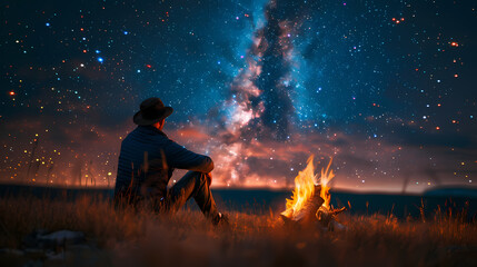 Campfire at night with a sky full of stars in background