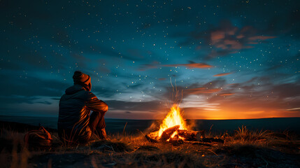 Campfire at night with a sky full of stars in background
