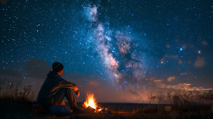 Campfire at night with a sky full of stars in background