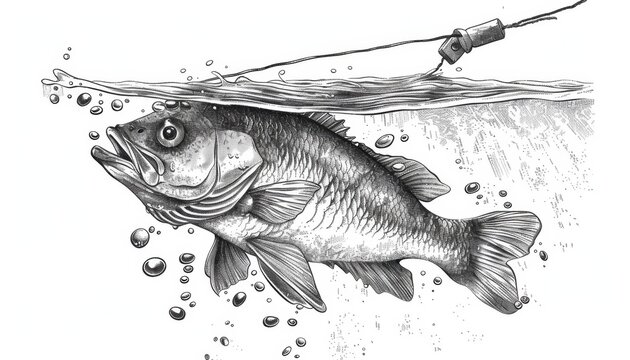 recommend clip art: Black And White Drawing Of A Fish Caught On A Line