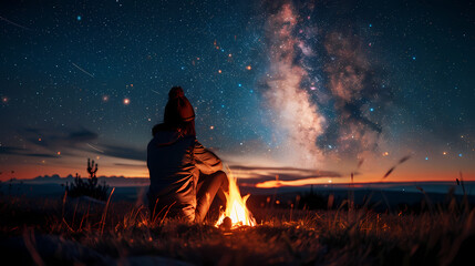 Campfire at night with a sky full of stars in background