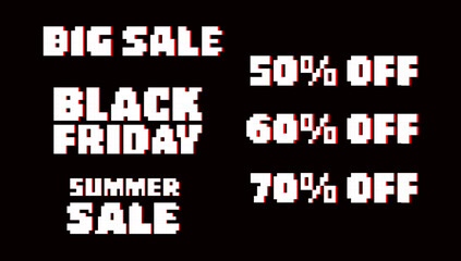 Set of texts for shops with sale in pixel, Black Friday, Sammer Sale, 50%,60%,70%. Shop or store in pixel art. Vintage sale sign. Collection of pixel art inscriptions. Retro 8-bit computer game style.