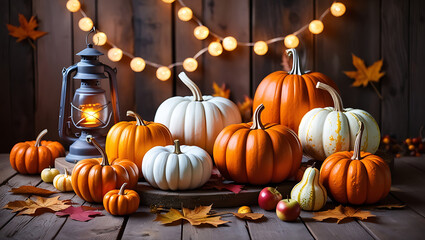 Thanksgiving decorations Wooden Table With Lantern And Candles Decorated With Corncobs, Pumpkins and Apples