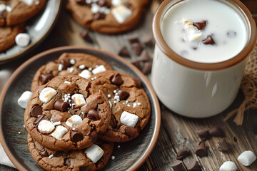 Chocolate chip and marshmallow dark chocolate cookies served with milk