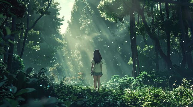 Anime girl standing alone in a serene forest, surrounded by lush trees and natural beauty, creating a tranquil and introspective sce Seamless looping 4k time-lapse virtual video animation Generated AI