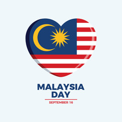 Malaysia Day poster vector illustration. Malaysia flag in heart shape icon. Malaysian flag love symbol. Template for background, banner, card. 16 September every year. Important day