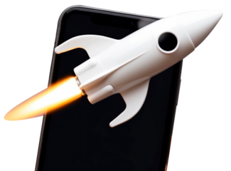 Rocket on cell phone screen, startup and technology concept, on transparent background PNG.