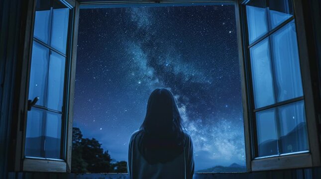 Anime girl by a window in a bedroom gazing at a starry sky at night, capturing a serene and introspective moment with a beautiful ce Seamless looping 4k time-lapse virtual video animation Generated AI