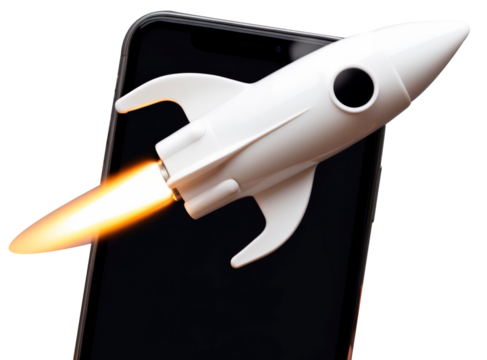 Rocket on cell phone screen, startup and technology concept, on transparent background PNG. - Powered by Adobe