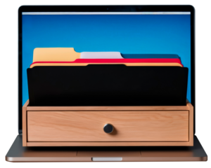 File drawer on laptop screen, business and data stores concept, on transparent background PNG.