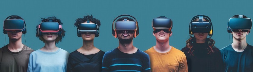 Online social gatherings in VR, virtual communities, custom avatars, technology tone, Complementary Color Scheme, front view, advanced community interaction, copy space for text,