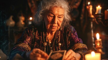Obraz premium Elderly woman dressed as a fortune teller with tarot cards and candles in a mystical setting. Concept of divination, wisdom, mystical arts, spirituality