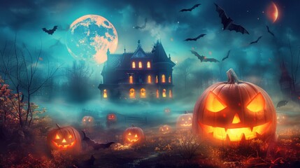 A spooky Halloween background featuring a haunted house silhouetted against a full moon, surrounded by eerie fog, bats flying in the sky, and carved pumpkins with glowing eyes and sinister grins