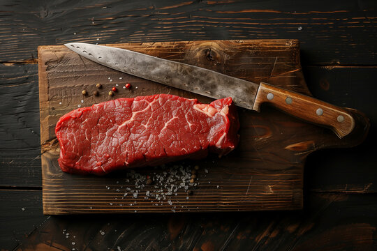 Black angus raw beef steak on wooden table.