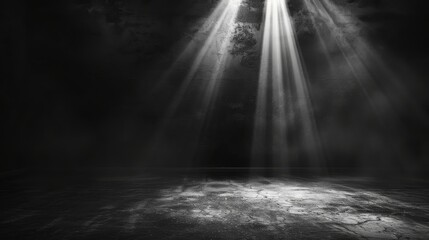 A dramatic black background with subtle, textured patterns that add depth and dimension, illuminated by a single spotlight that creates striking contrasts and a sense of elegance