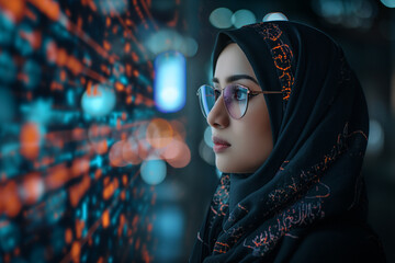 Asian Muslim woman IT specialist analyzing data information technology